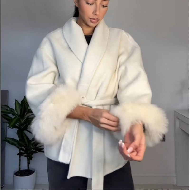 Damen elegante Kapuzenjacke mit Kunstpelzbesatz Drune