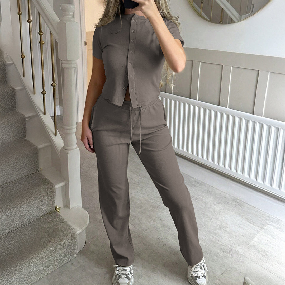 Damen Bequemes Zweiteiliges Set mit Kurzarmoberteil und lockerer Hose Drune