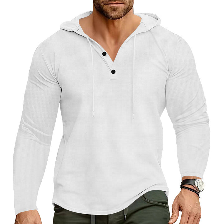 Herren nan körperbetontes Waffelstruktur-Henley-Hoodie mit halber Knopfleiste und Zugkordel Drune