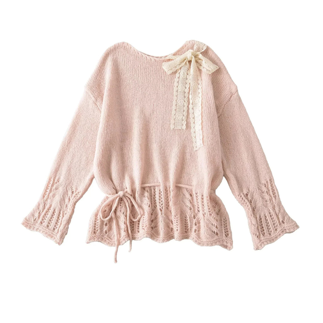 Damen stylisches Strickoberteil mit eleganter Raffinesse und Bindebändern Drune