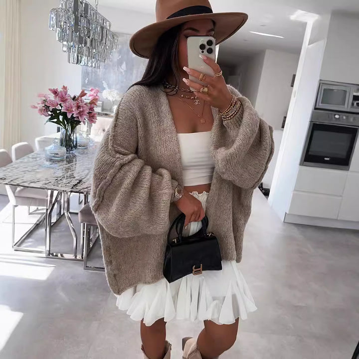 Damen kuschelige Strickjacke mit voluminösen Ärmeln Drune