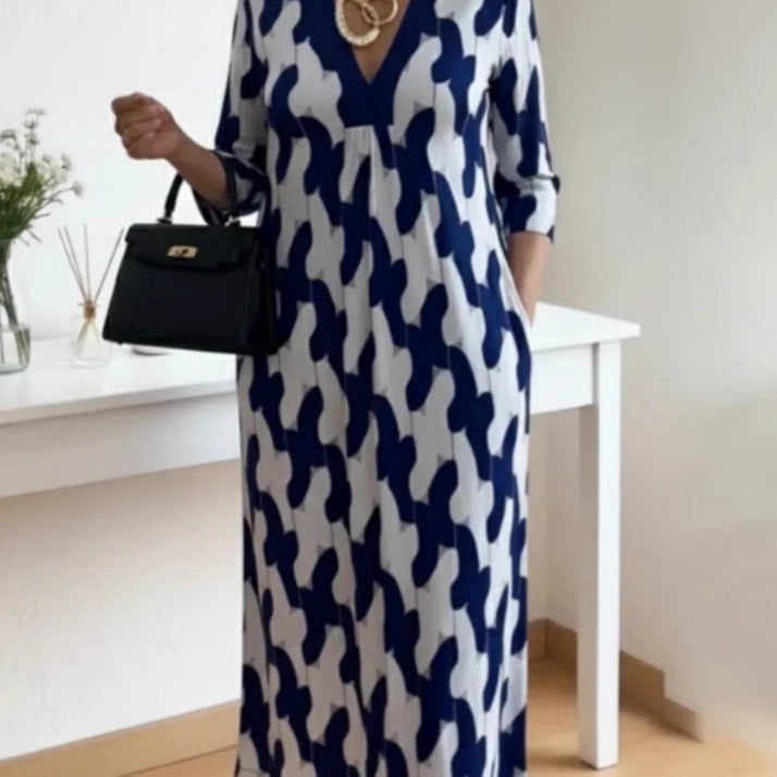 Damen lässiges Maxikleid mit elegantem V-Ausschnitt und praktischen Seitentaschen Drune