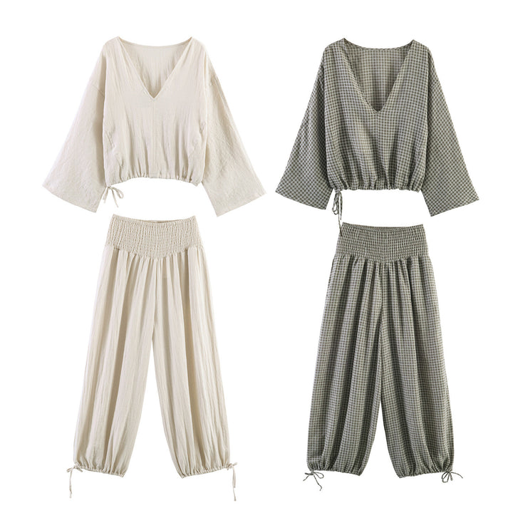 Damen lässige Bluse mit weitem V-Ausschnitt und elastischem Saum Drune