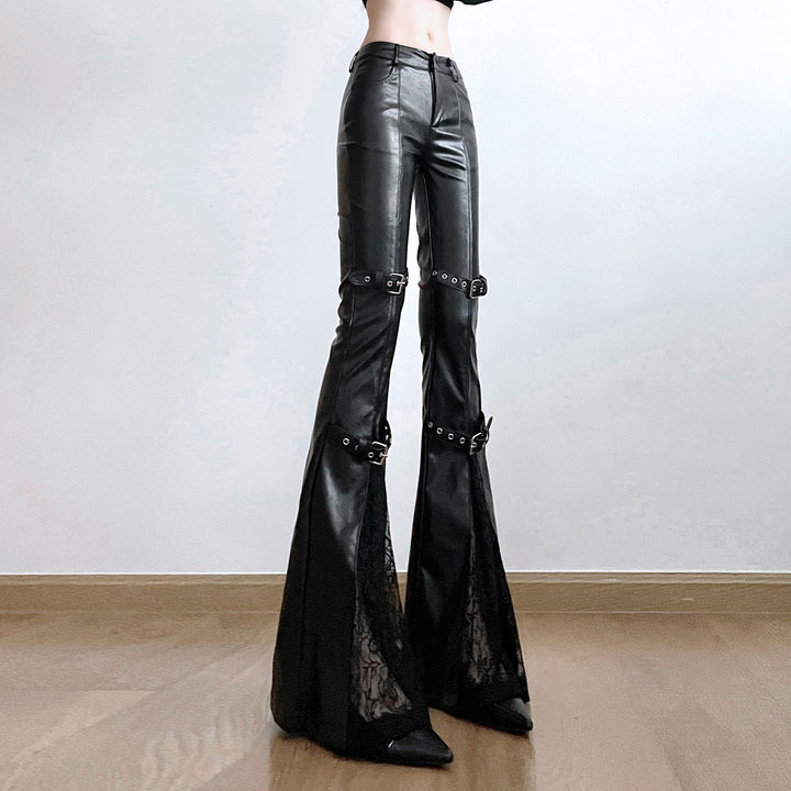 Damen Modische Kunstleder Flared Hose mit verstellbarem Bund Drune