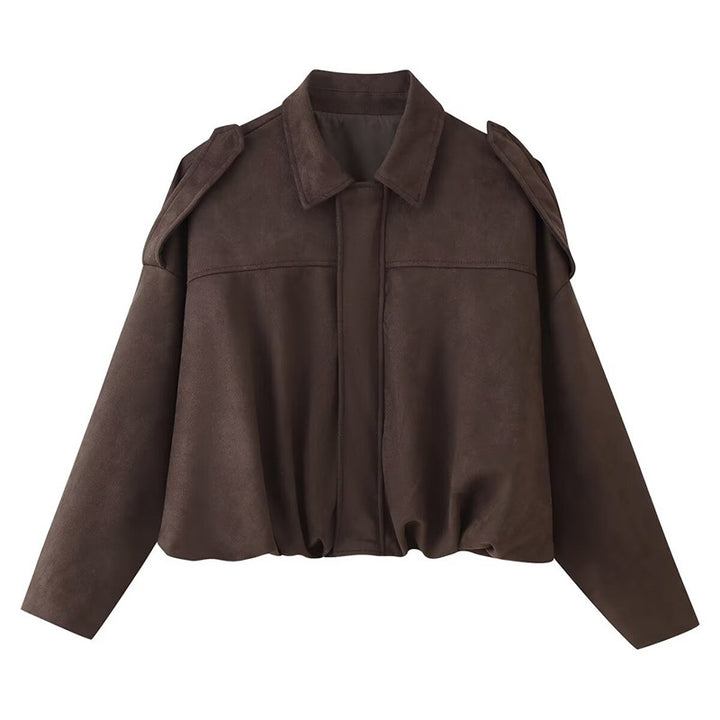 Damen Oversized Kunstlederjacke mit schickem Stehkragen und Gummizug Drune