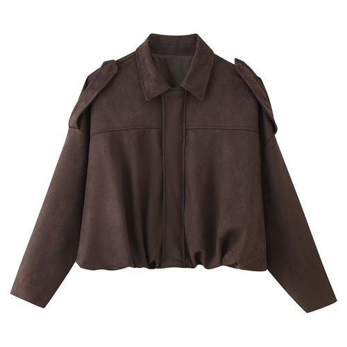 Damen Oversized Kunstlederjacke mit schickem Stehkragen und Gummizug Drune