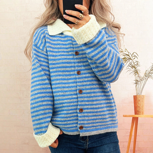 Damen lässige Strickjacke mit breitem Kragen und Knopfdetails Drune