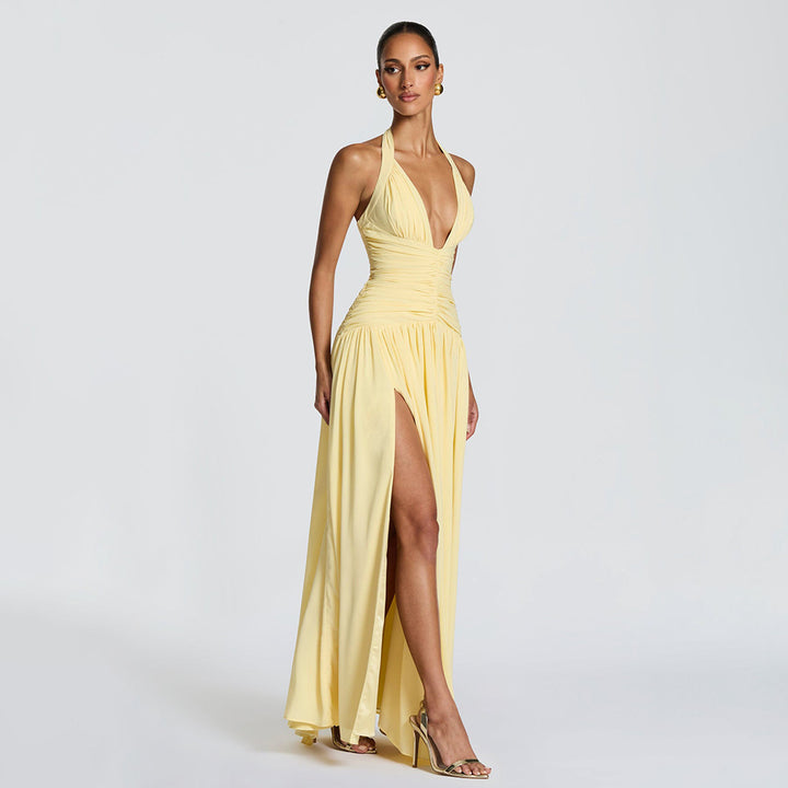 Damen Maxikleid mit tiefem V-Ausschnitt und seitlichem Schlitz Drune