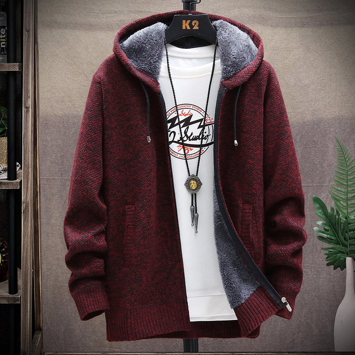 Herren nan gefütterte Strick-Kapuzensweatjacke mit Teddyfutter, durchgehendem Reißverschluss und Kängurutaschen Drune