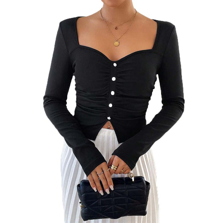 Damen langärmliges Crop-Top mit dekorativem Knopfdetail und gerafftem Design Drune