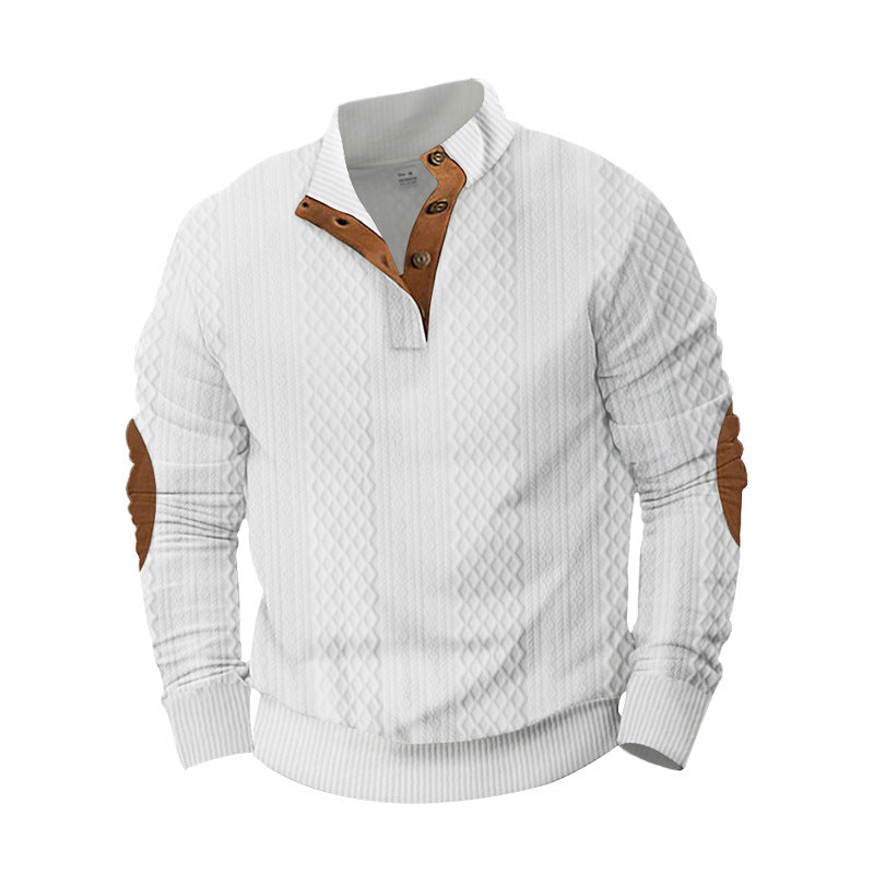 Herren nan strukturierter Henley-Pullover mit Stehkragen, Knopfleiste und Lederoptik-Ellbogenbesatz Drune