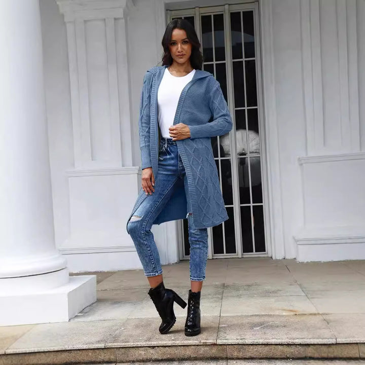 Damen Strickjacke mit Kapuze und Zopfmuster Drune