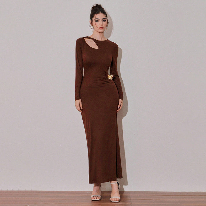 Damen Maxikleid mit asymmetrischem Ausschnitt und sexy Drapierung Drune