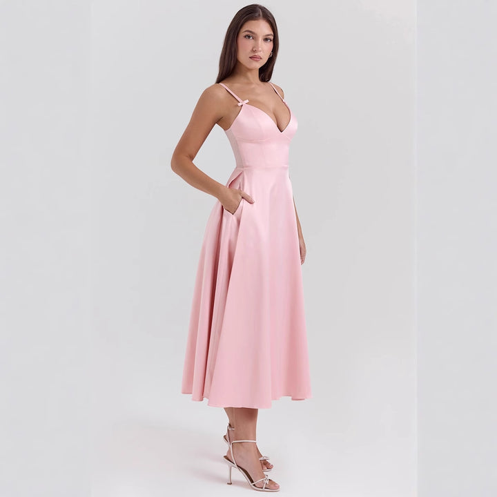 Damen Maxi-Kleid mit elegantem V-Ausschnitt und fließendem Rock Drune
