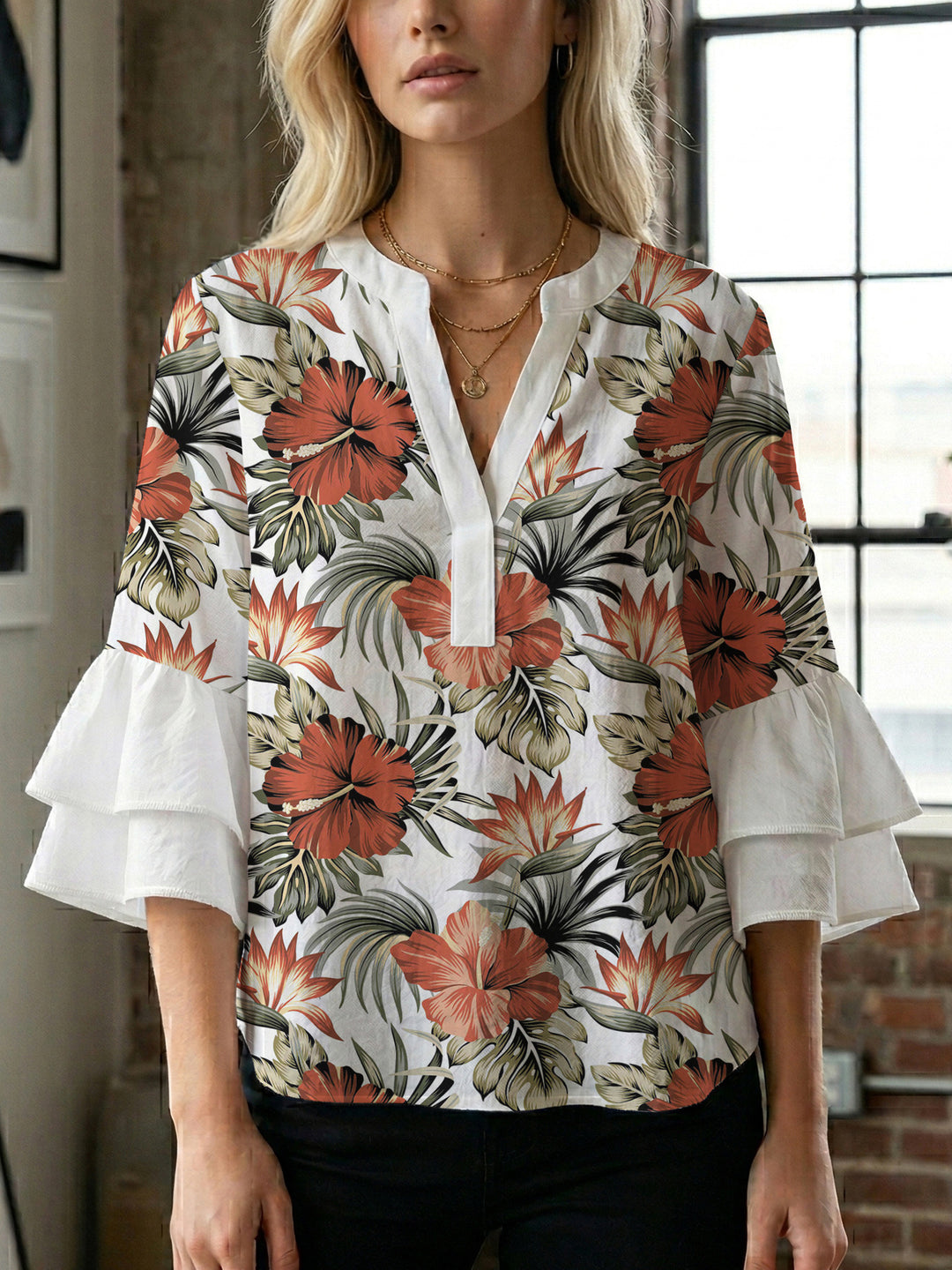 Damen lässige Bluse mit Volantärmeln und botanischem Druck Drune