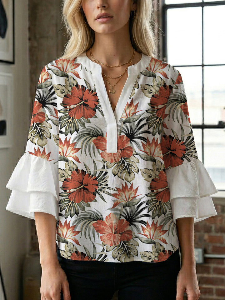 Damen lässige Bluse mit Volantärmeln und botanischem Druck Drune