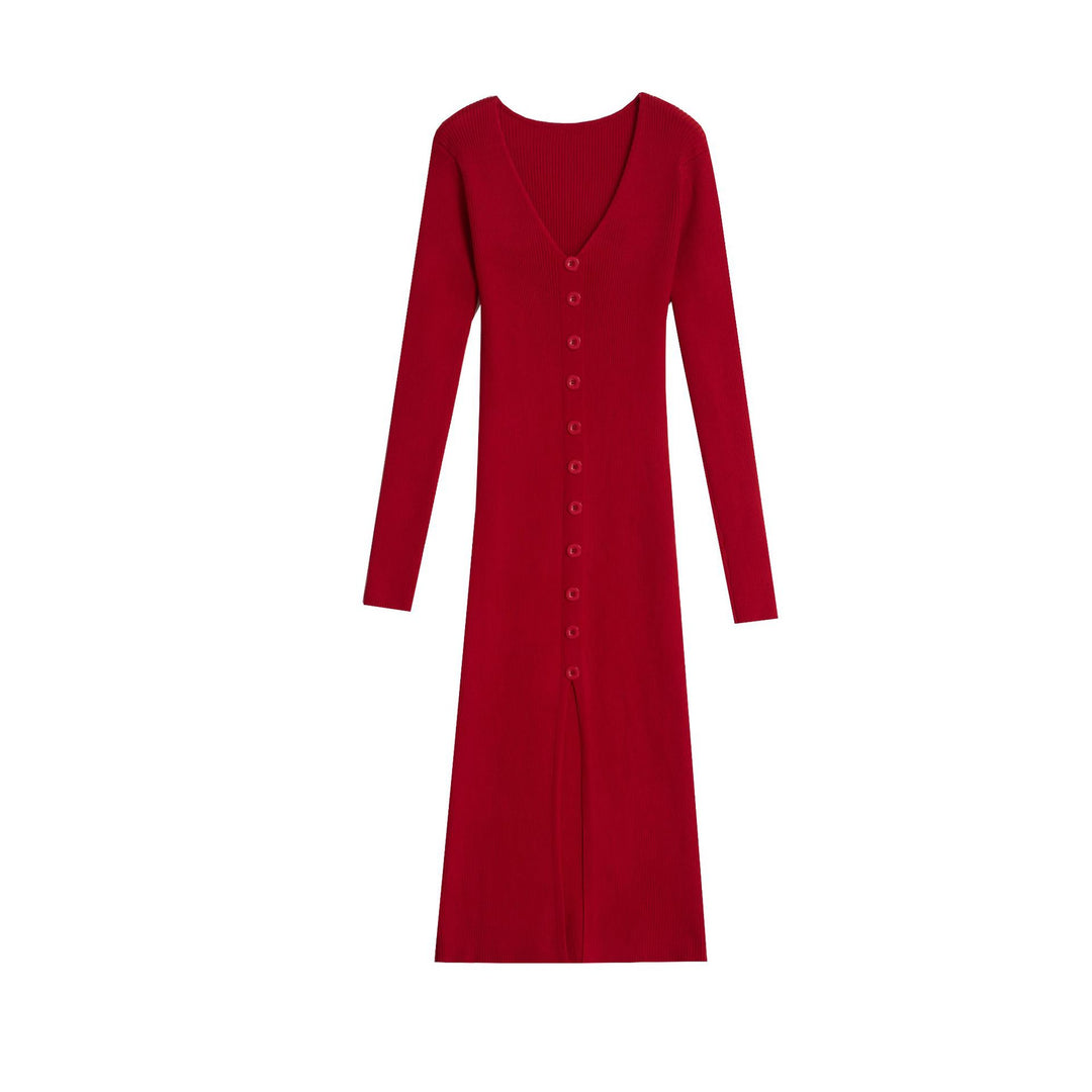Damen Strickkleid mit hohen Knopfdetails und tiefem V-Ausschnitt Drune