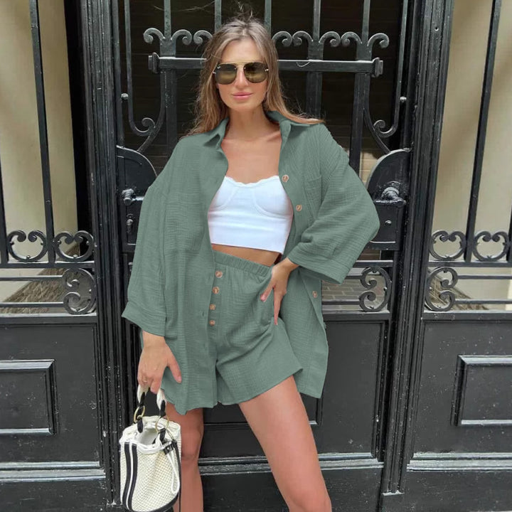 Damen nan lässiges Musselin-Zweiteiler Set mit Oversize-Hemd und elastischer Highwaist-Shorts Drune