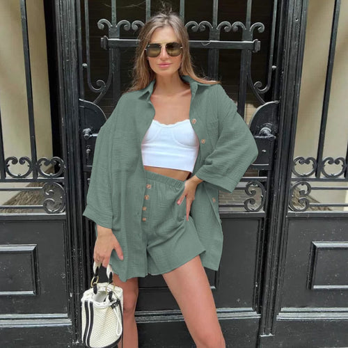 Damen nan lässiges Musselin-Zweiteiler Set mit Oversize-Hemd und elastischer Highwaist-Shorts Drune
