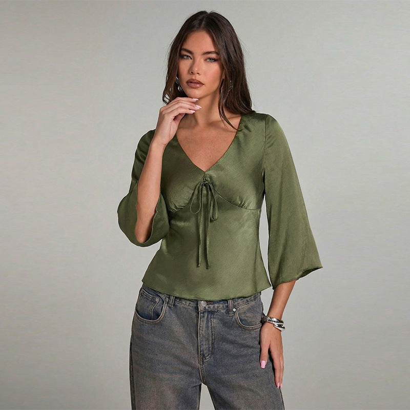 Damen Elegantes Oberteil mit Krawatte und weitem Ärmel Drune