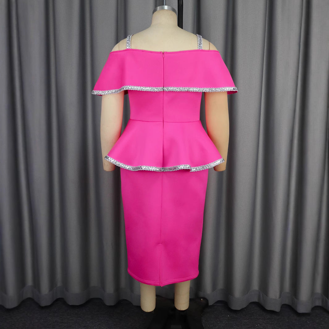 Damen elegantes Peplum-Kleid mit schulterfreiem Design und Glitzerdetails Drune