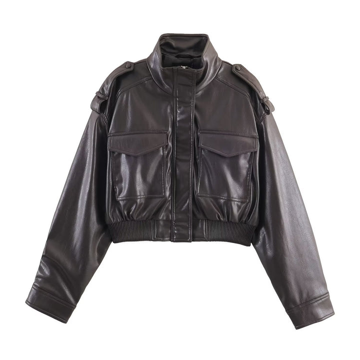 Damen nan kurz geschnittene Military-inspirierte Kunstlederjacke mit hohem Stehkragen, aufgesetzten Pattentaschen, Schulterklappen und geripptem Bund Drune
