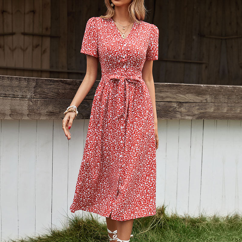 Damen Maxikleid mit floralen Mustern und lässigem Taillengürtel Drune