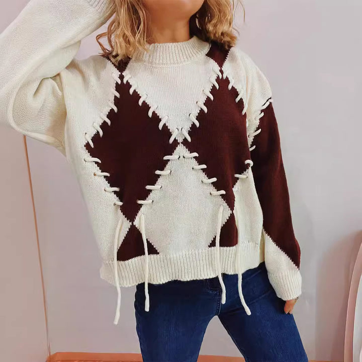 Damen modischer Oversized Pullover mit gekreuzten Ziernähten Drune