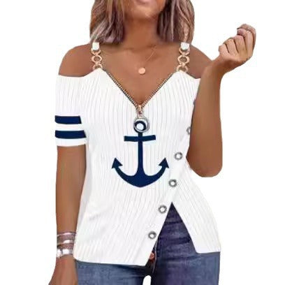 Damen Off-Shoulder Oberteil mit maritimem Motiv und dekorativen Knöpfen Drune