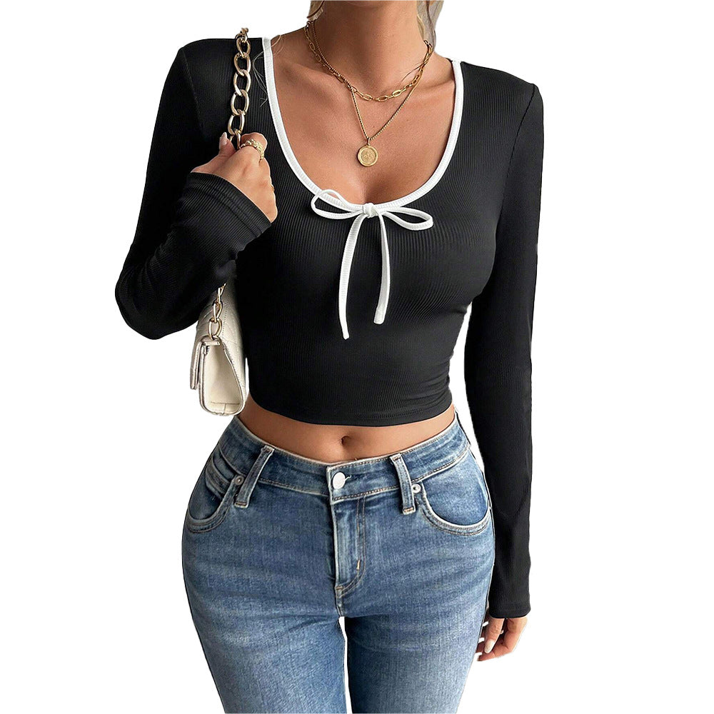 Damen Langarm-Crop-Top mit dekorativem Knoten und eleganter Rippstruktur Drune