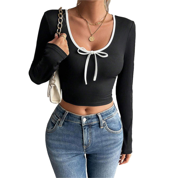 Damen Langarm-Crop-Top mit dekorativem Knoten und eleganter Rippstruktur Drune
