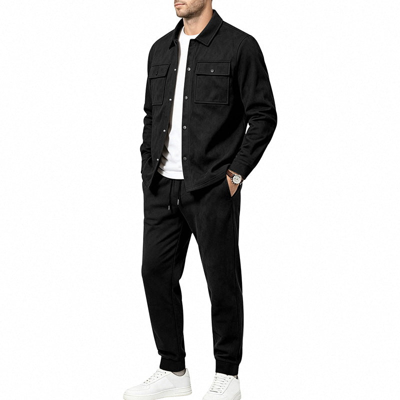 Herren nan Velours-Lounge-Set mit Overshirt, aufgesetzten Brusttaschen und tapered Jogginghose Drune