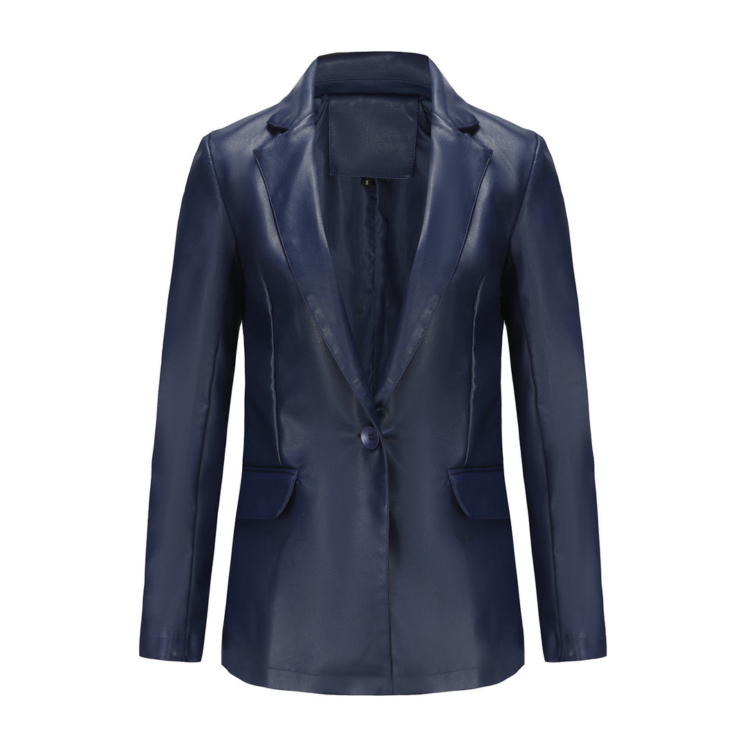 Damen nan taillierter Blazer aus Kunstleder mit Reverskragen und Pattentaschen Drune