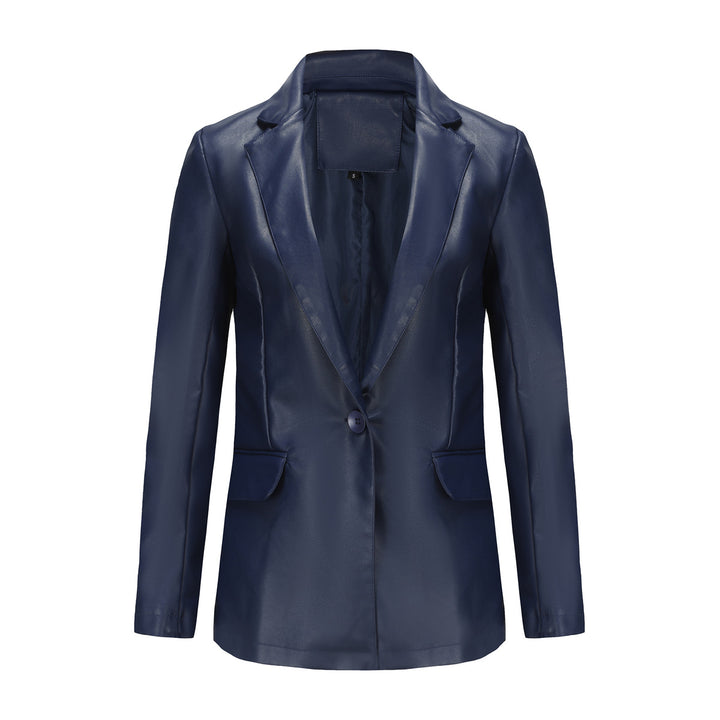 Damen nan taillierter Blazer aus Kunstleder mit Reverskragen und Pattentaschen Drune