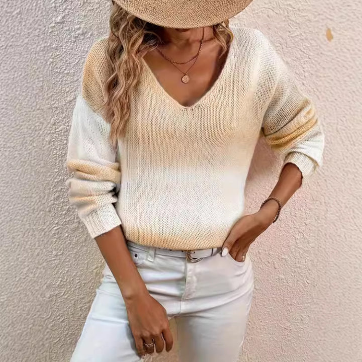 Damen lockerer gestrickter Pullover mit V-Ausschnitt Drune