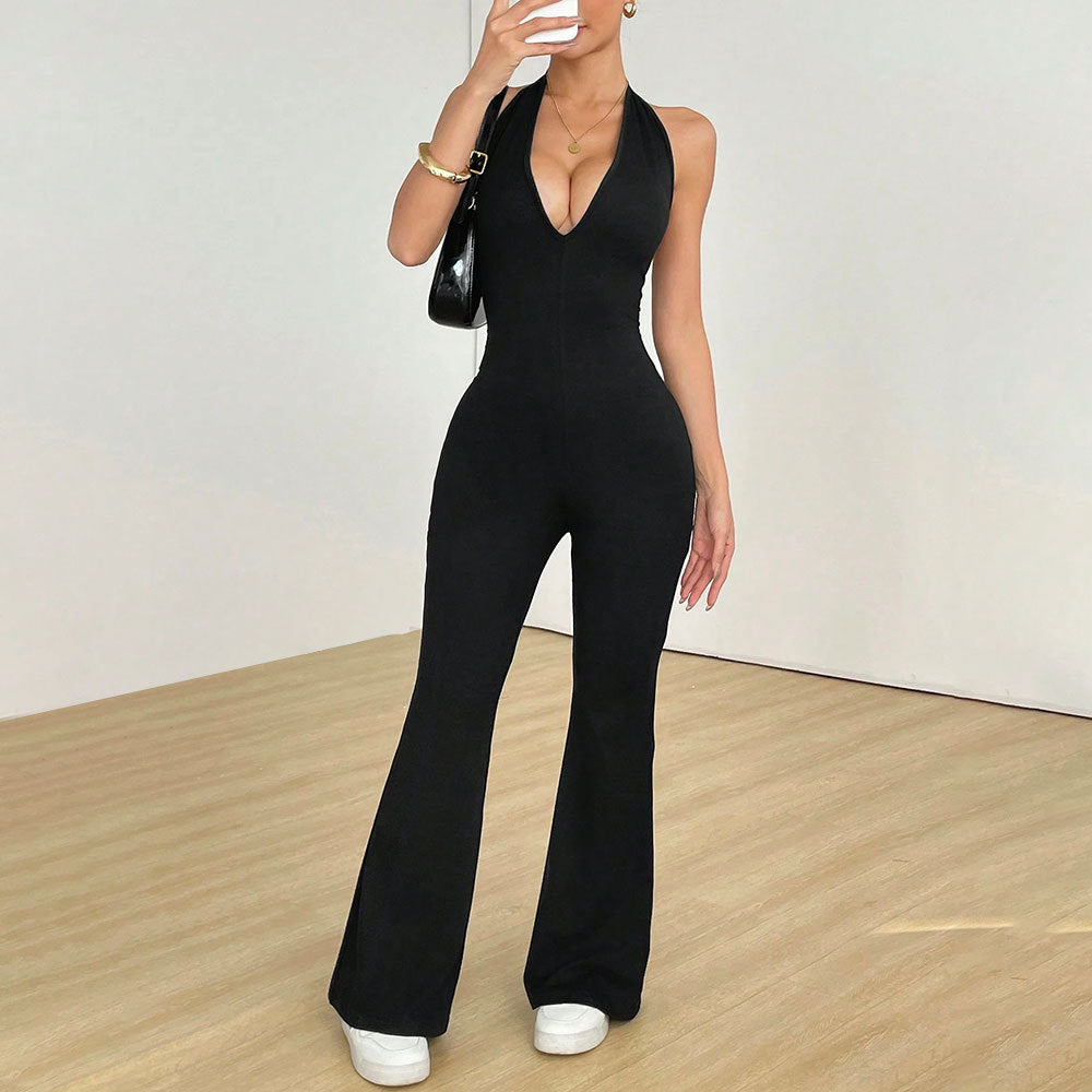Damen Jumpsuit mit tiefem V-Ausschnitt und weit geschnittenem Bein Drune