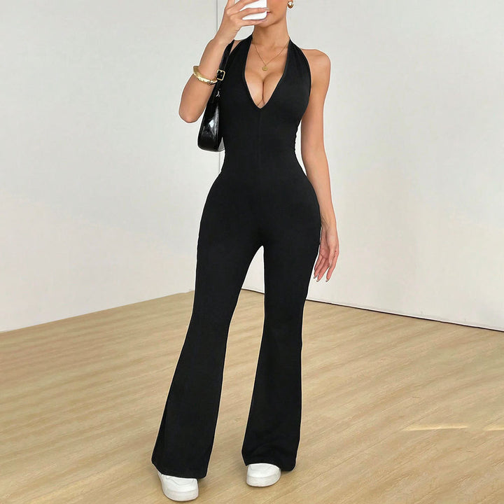 Damen Jumpsuit mit tiefem V-Ausschnitt und weit geschnittenem Bein Drune