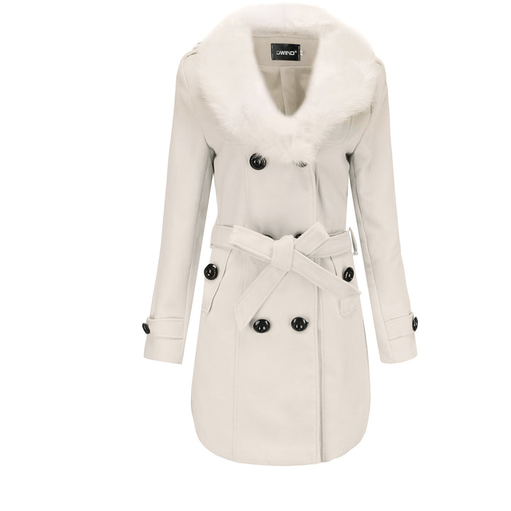 Damen eleganter Trenchcoat mit Kunstpelzkragen und Taillengürtel Drune
