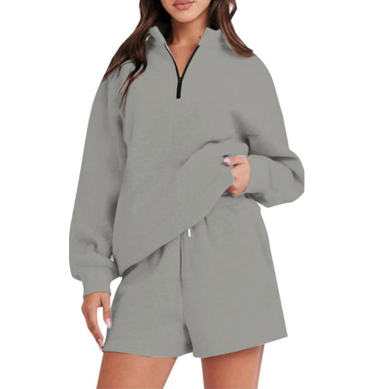 Damen bequemen Freizeit-Sweatanzug mit halbem Reißverschluss und Shorts Drune