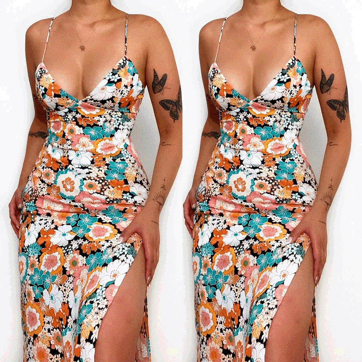 Damen Maxikleid mit tiefem V-Ausschnitt und seitlichem Schlitz Drune
