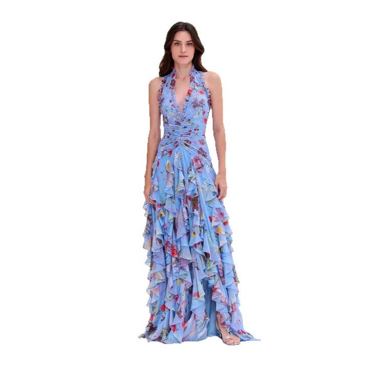 Damen Maxikleid mit voluminösen Rüschendetails und floralem Design Drune