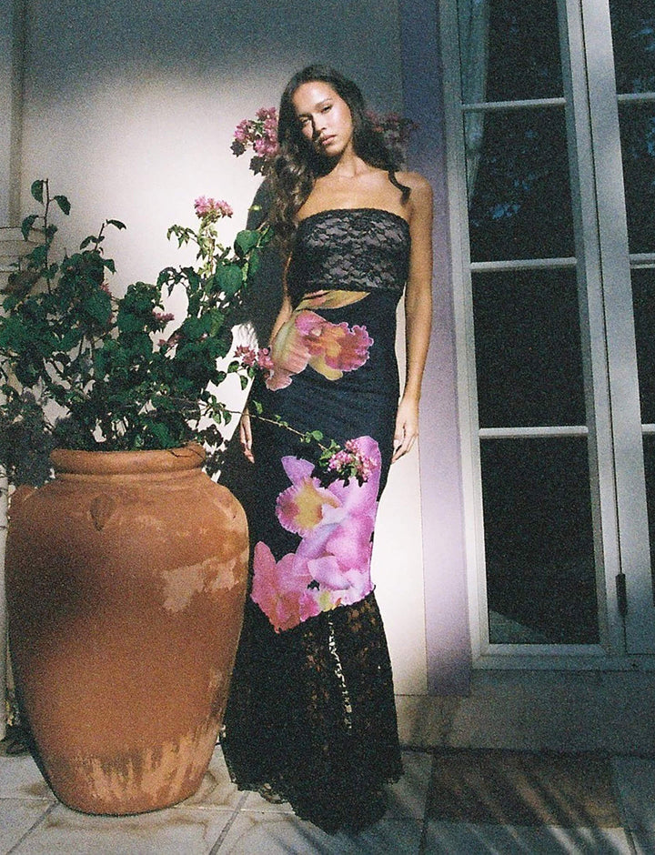 Damen Off-Shoulder Spitzenkleid mit Floral-Akzenten und transparentem Unterstoff Drune