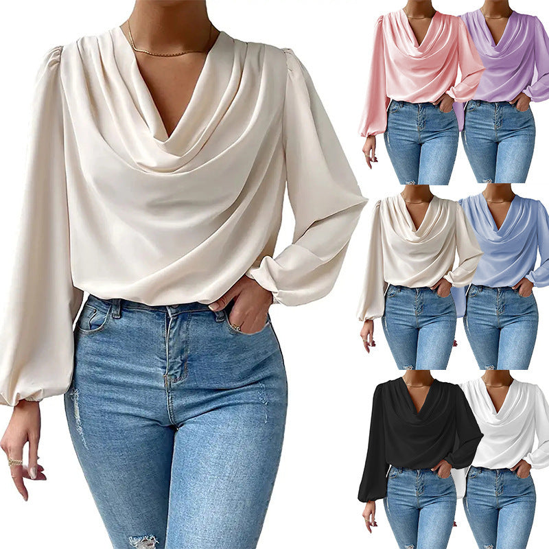 Damen Elegantes Langarm-Blusenoberteil mit Drapierung und weitem Schnitt Drune