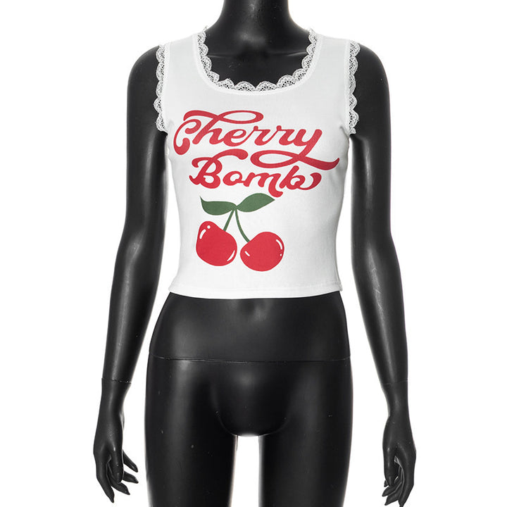 Damen lässiges Crop-Top mit charmantem Spitzenrand und fröhlichem Print Drune