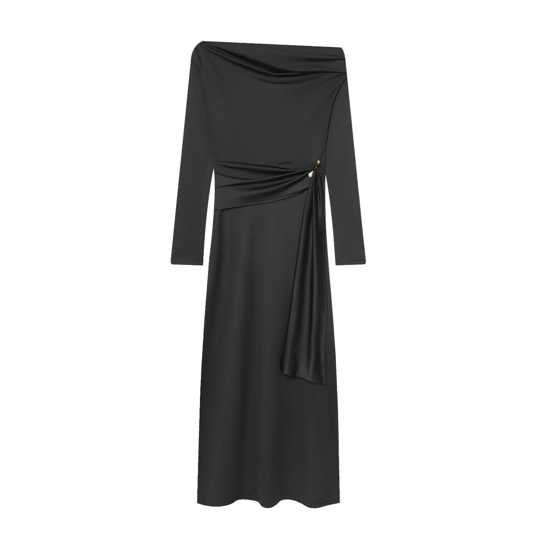 Damen elegantes Maxikleid mit asymmetrischem Ausschnitt und dekorativer Drapierung Drune