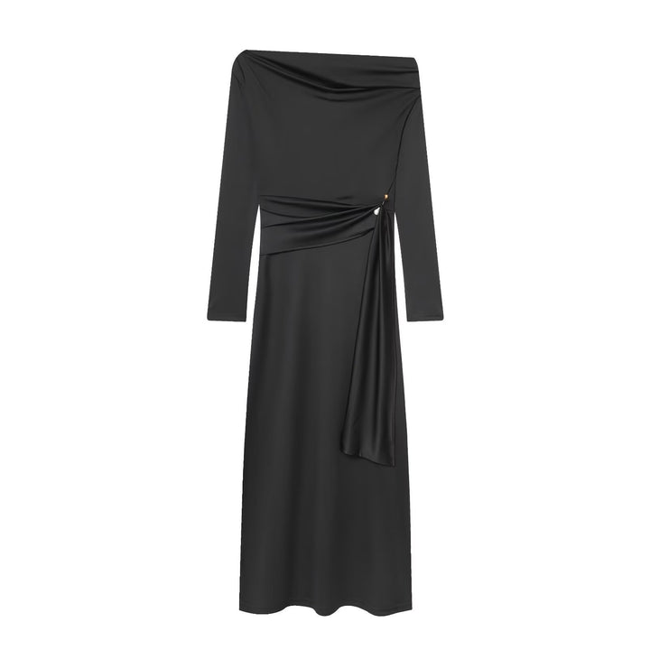 Damen elegantes Maxikleid mit asymmetrischem Ausschnitt und dekorativer Drapierung Drune