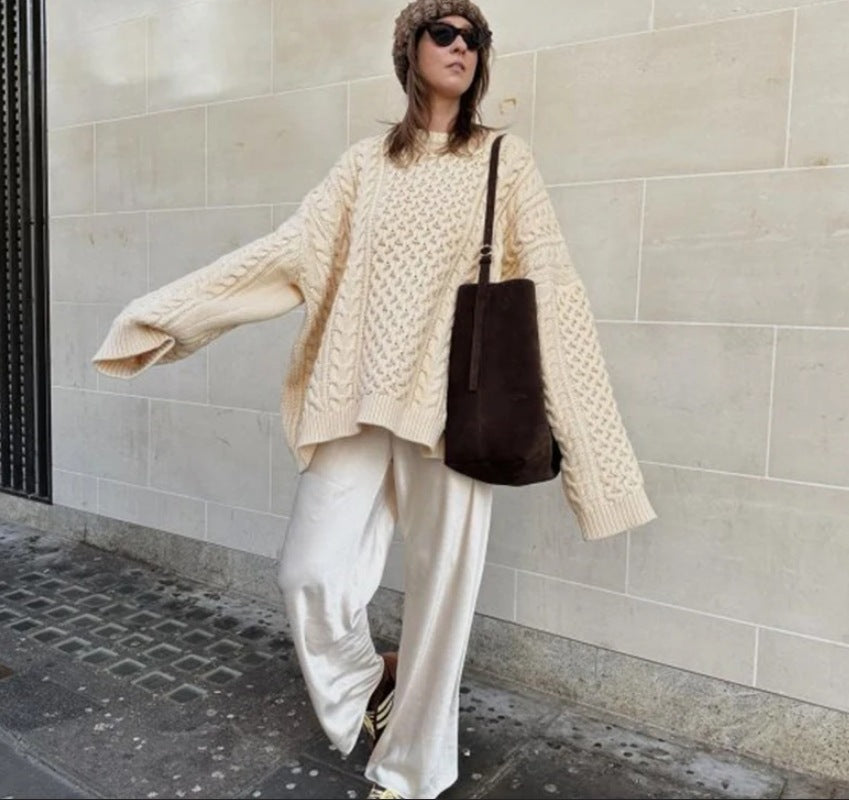 Damen oversize Strickpullover mit Zopfstrickmuster Drune