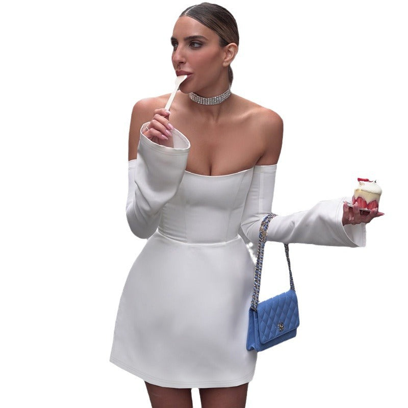 Damen Elegantes Mini-Kleid mit Off-Shoulder-Design und weiten Ärmeln Drune