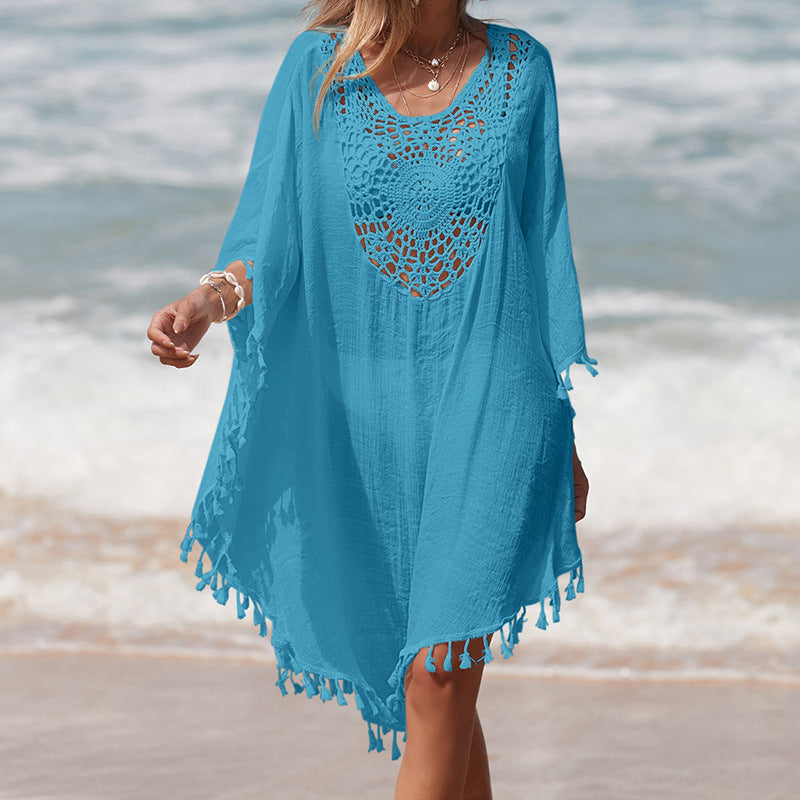 Damen Häkel-Strandüberwurf mit fransigem Saum und elegantem Lochmuster Drune