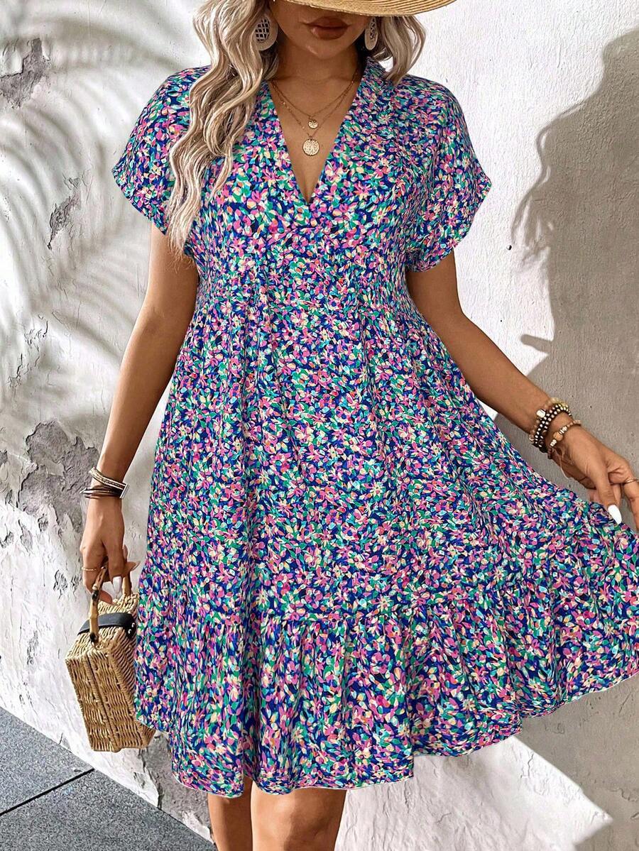 Damen Freizeitkleid mit floralem Muster und Rüschendetails Drune